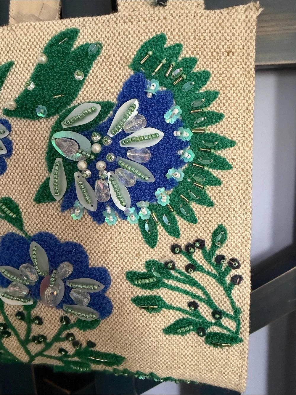 Beaded Bag Floral Embroidered Tote - Green and Blue NWT